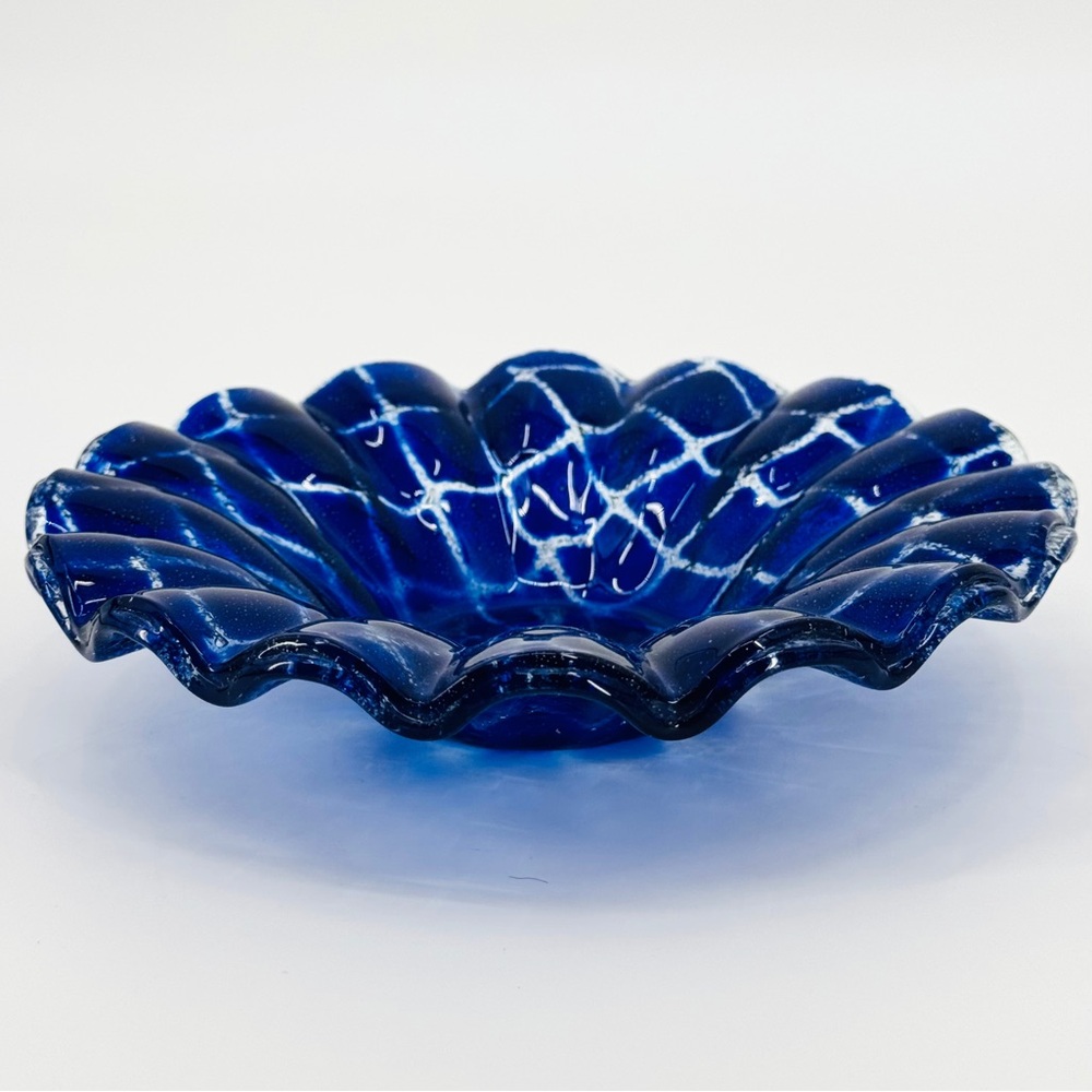 MCM Embassy Fused Art Glass Laced Cobalt Blue Ruffle Rim Bowl